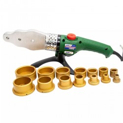 Plastmasas caurulu kausetajs 800 W/1500 W, metala koferis, 7 adapteri 16–63 mm, caurulu griešanas škeres, cimdi, merlente 2 m