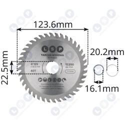 Zāģa asmens ar karbīda uzgali koka griešanai slīpmašīnai 125 mm 40 zobu (5903794736719)